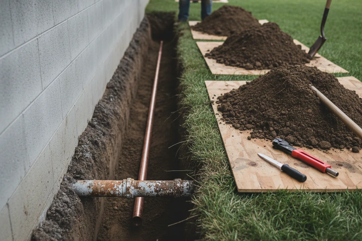 Excavated water line trench during Sewer Line Repair in Brookhaven